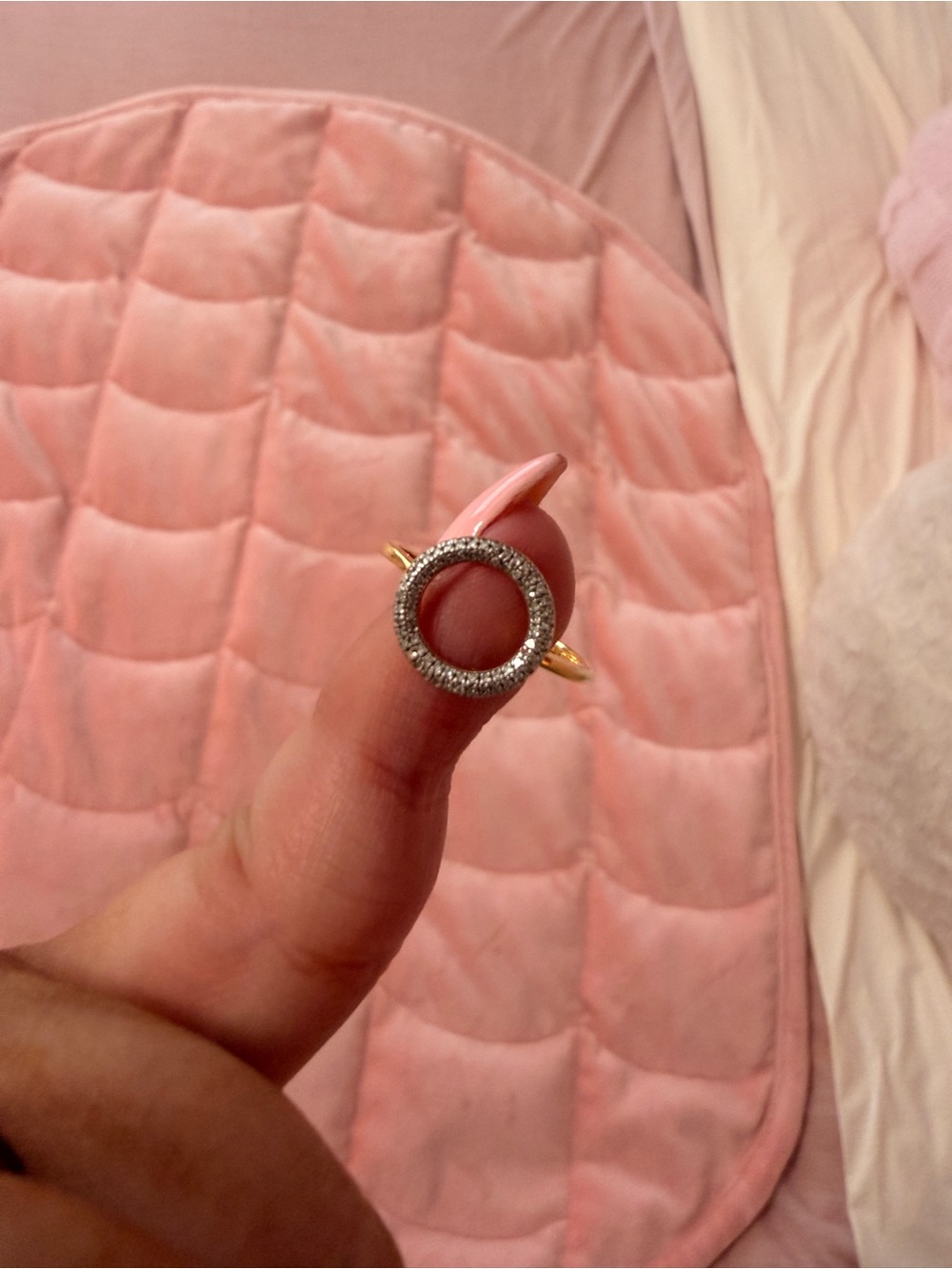 Gold Circle Halo Ring with Pavé diamonds size 6